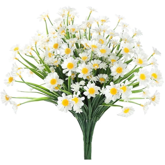 Baumaty 8 Bundles Artificial Daisy Mums Flowers Outdoor Fake Fall Flowers for Decoration No Fade Faux Plastic Autumn Flower Garden Porch Window Box Decor (White)