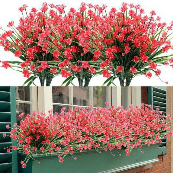 Baumaty 8 Bundles Artificial Flowers, Fake Artificial Greenery UV Resistant No Fade Faux Plastic Plants for Wedding Bridle Bouquet Indoor Outdoor Home Garden Decoration (Red)