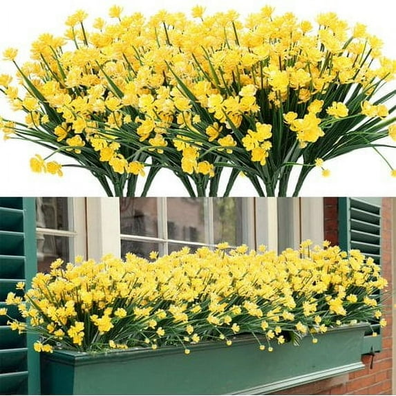 Baumaty 8 Bundles Artificial Flowers, Fake Artificial Greenery UV Resistant No Fade Faux Plastic Plants for Wedding Bridle Bouquet Indoor Outdoor Home Garden Decoration (Yellow)