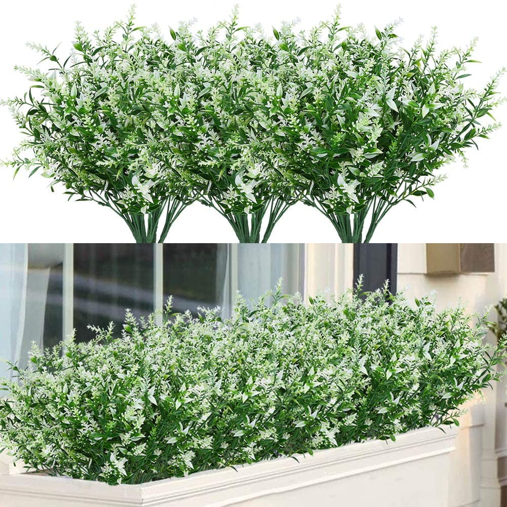 Baumaty 8 Bundles Outdoor Artificial Lavender Fake Flowers UV Resistant Shrubs, Faux Plastic Greenery for Indoor Outside Hanging Plants Garden Porch Window Box Home Wedding Farmhouse Decor (White)