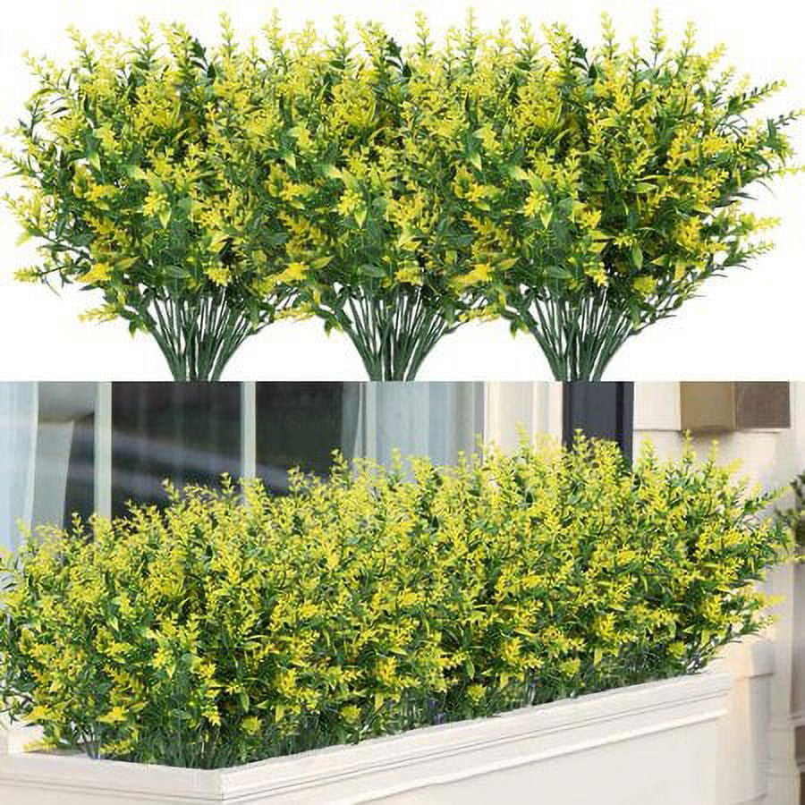 Baumaty 8 Bundles Outdoor Artificial Lavender Fake Flowers UV Resistant Shrubs, Faux Plastic Greenery for Indoor Outside Hanging Plants Garden Porch Window Box Home Wedding Farmhouse Decor (Yellow)
