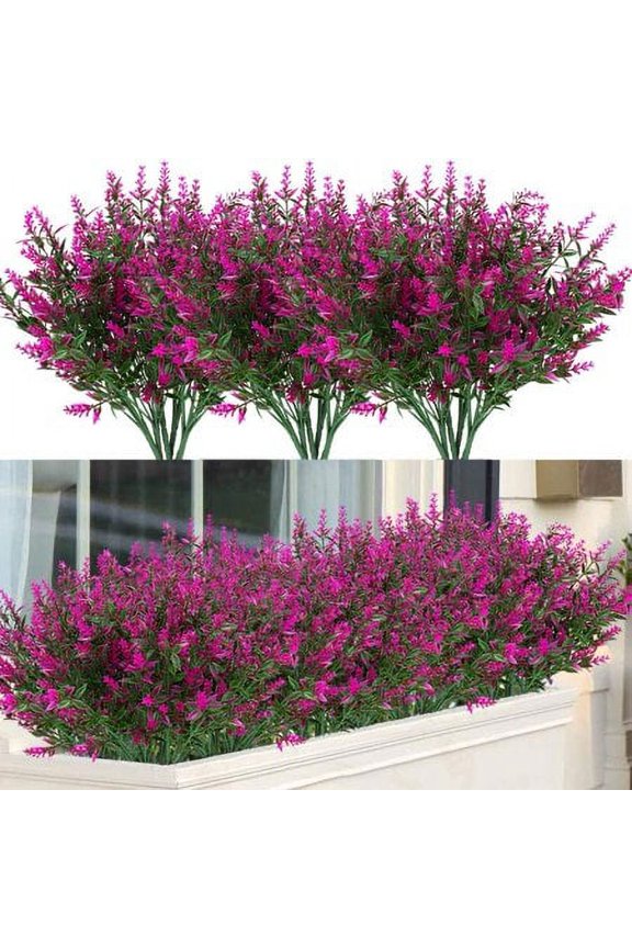 8 Bundles Outdoor Artificial Lavender Fake Flowers UV Resistant Shrubs, Faux Plastic Greenery for Indoor Outside Hanging Plants Garden Porch Window Box Home Wedding Farmhouse Decor (Fuchsia)