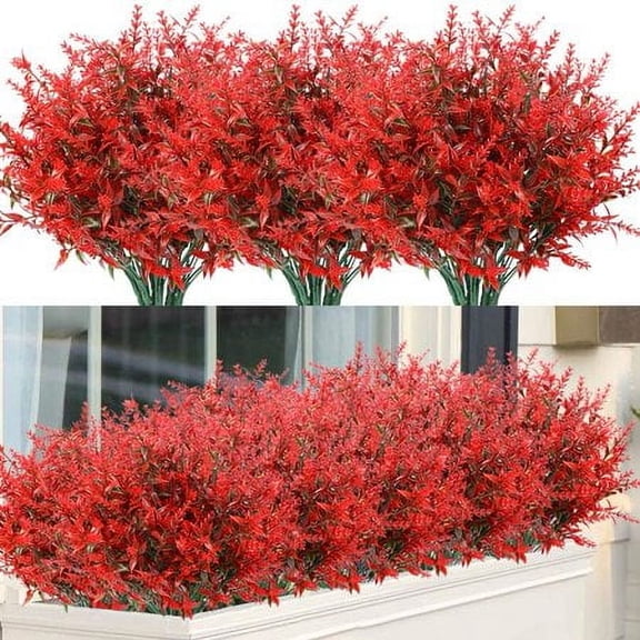 Baumaty 8 Bundles Outdoor Artificial Lavender Fake Flowers UV Resistant Shrubs, Faux Plastic Greenery for Indoor Outside Hanging Plants Garden Porch Window Box Home Wedding Farmhouse Decor (Red)