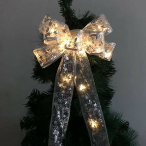 Baumaty Christmas LED Tree Top Topper Ribbon Bow Light Up Bow Xmas Hanging Decoration Silver Warm White Light