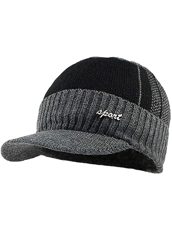 Men's Outdoor Hat Winter Warm Thick Knit Beanie Cap Fleece Lined Skull Ski Cap with Visor (Gray)