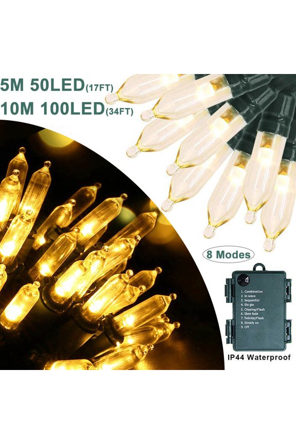Outdoor/Indoor Christmas Lights Battery Operated 50 LED Green Wire Mini String Light with 8 Modes, 16ft Waterproof Fairy Lights for Garden Xmas Tree Wedding Wreath Party Decoration