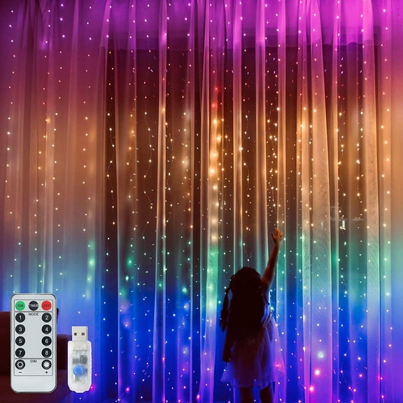 Baumaty Rainbow Curtain Lights, 280 LED Curtain Christmas String Lights with USB Remote Control 8 Modes for Girls Kids Room Decor, Hanging Fairy Lights for Bedroom,Wall,Party