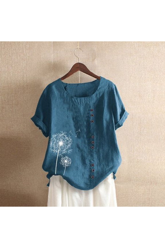 Womens Graphic Tees Casual Loose Button Linen Plus Size Print Boho Tanic Shirt Blouse Tops