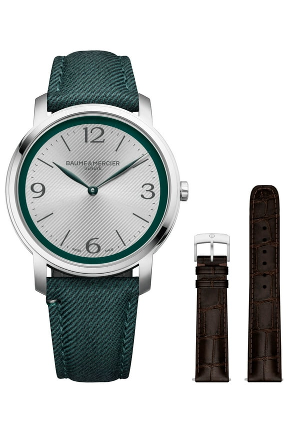 Classima Stainless Steel Silver Dial Green Fabric Interchangeable Brown Leather Strap Quartz Mens Watch M0A10705
