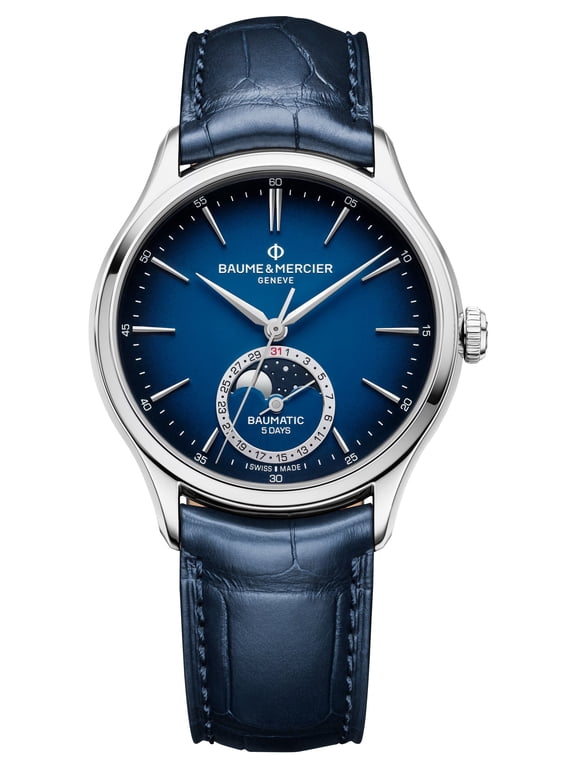 Clifton Baumatic Automatic Stainless Steel Blue Dial Blue Leather Strap Moonphase Date Mens Watch M0A10756