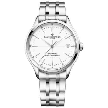 Baume & Mercier Clifton Baumatic COSC Automatic Stainless Steel White Dial Date Mens Watch M0A10505