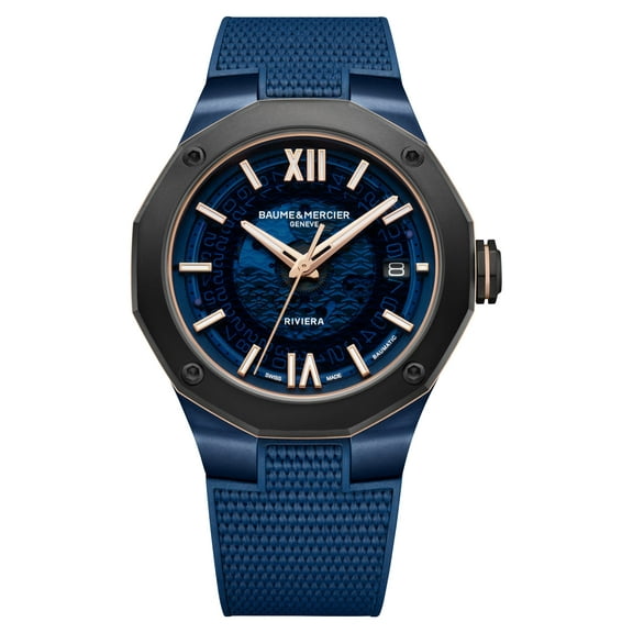 Baume & Mercier Riviera Automatic Blue PVD & Titanium Blue Dial Blue Rubber Strap Date Mens Watch M0A10769