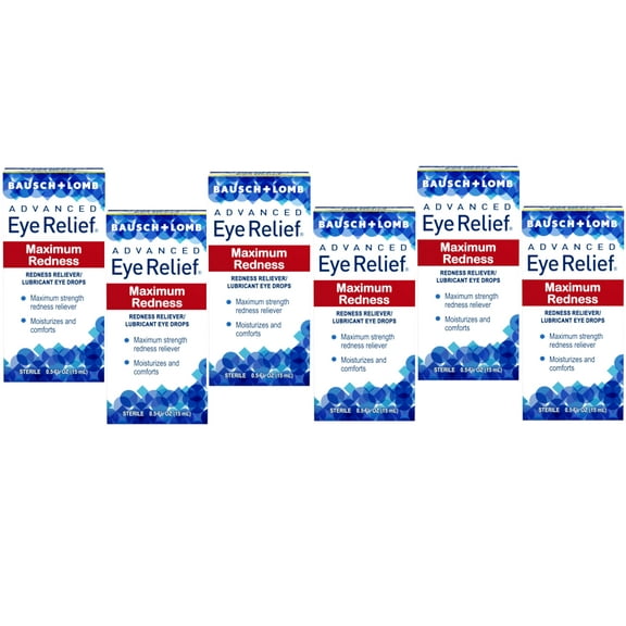 Advanced Eye Relief Maximum Redness, Redness Reliever Lubricant Eye Drops from Bausch & Lomb, for Dry Eyes & Redness Relief, 0.5 Fl Oz (15 mL)(Pack of 6)