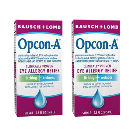 Opcon-A Allergy Eye Drops by Bausch + Lomb, for Itch and Redness Relief, Red and Itchy Eyes Antihistamine Eye Drop, Clinically Proven Treatment, 0.5 Fl Oz, Pack of 2