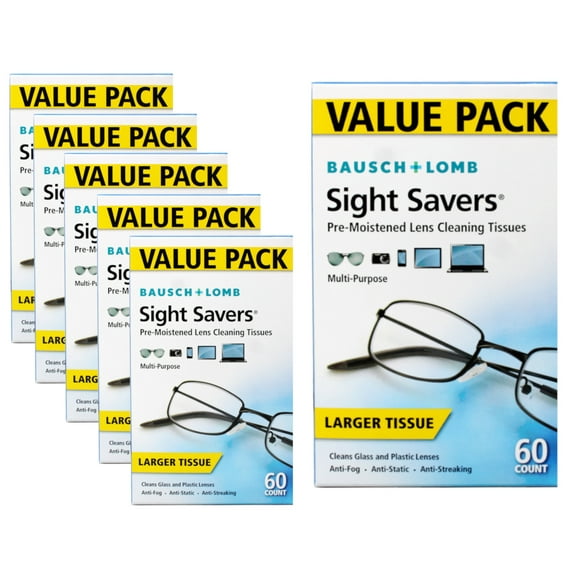 Bausch & Lomb Sight Savers Pre-Moistened Lens Cleaning Tissues, Anti-Fog, Anti-Static, Anti-Streaking, Cleans Glass and Plastic, 60 ct - 6 Pack
