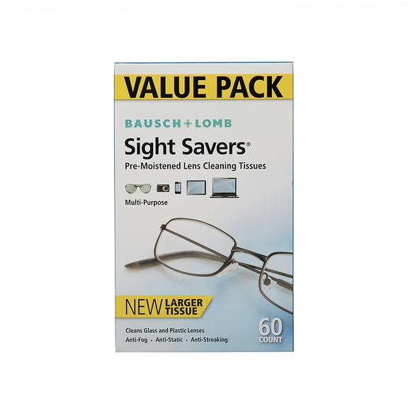 Bausch & Lomb Sight Savers Pre-Moistened Lens Cleaning Tissues, Anti-Fog, Anti-Static, Anti-Streaking, Cleans Glass and Plastic, 60 ct Value Pack