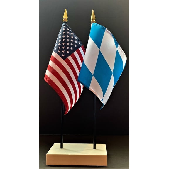 Bavaria Table Flag Set; One USA and International Rayon 4x6 inch Flag Plus a White Base