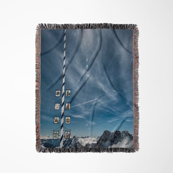 Bavarian Alps, Zugspitze, Germany And Maypole In Winter Vertical, Woven Blanket