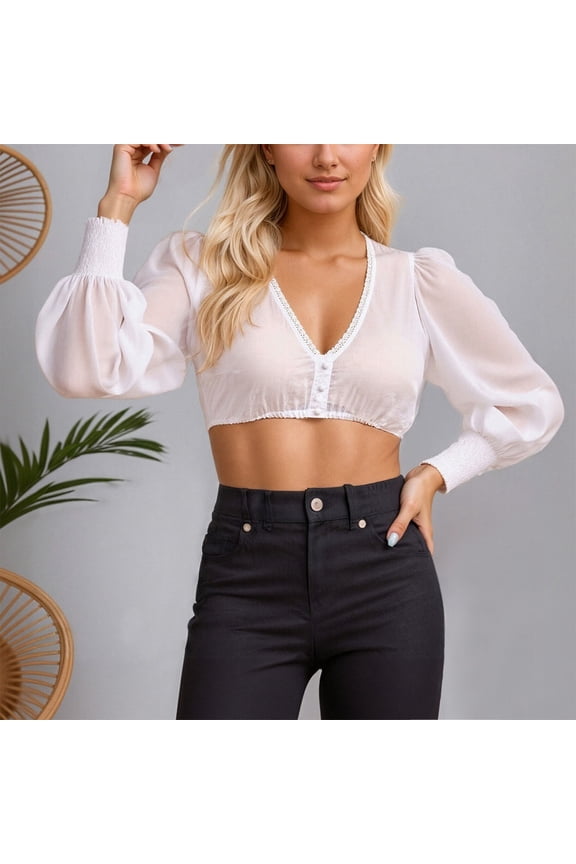 Bavarian Blouse for Oktoberfest Women Long Sleeve Transparent V Neck Festival Traditional Blouse