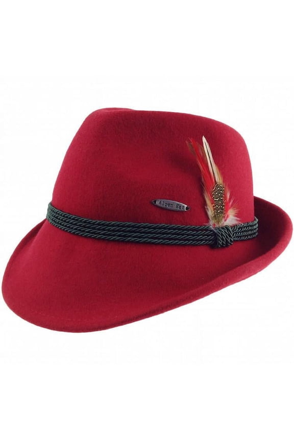 Bavarian German Alpine Wool Red Hat with Feather & Edelweiss Hat | Oktoberfest Fedora Hat for Men & Women | M