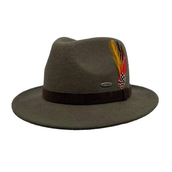 Bavarian Mountain Alpen Brown 100% Wool Hat with Leather Band & Deluxe Feather, Hat for Men and Women | M