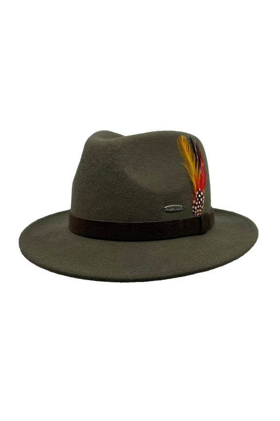 Bavarian Mountain Alpen Brown 100% Wool Hat with Leather Band & Deluxe Feather, Hat for Men and Women | S