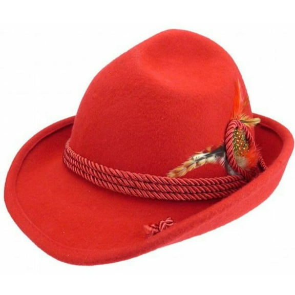 Bavarian Mountain Alpen Red 100% Wool Hat with Leather Band & Deluxe Feather, Hat for Men and Women | M
