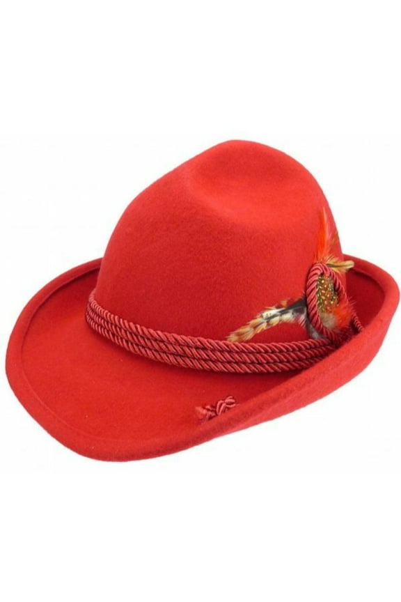 Bavarian Mountain Alpen Red 100% Wool Hat with Leather Band & Deluxe Feather, Hat for Men and Women | M