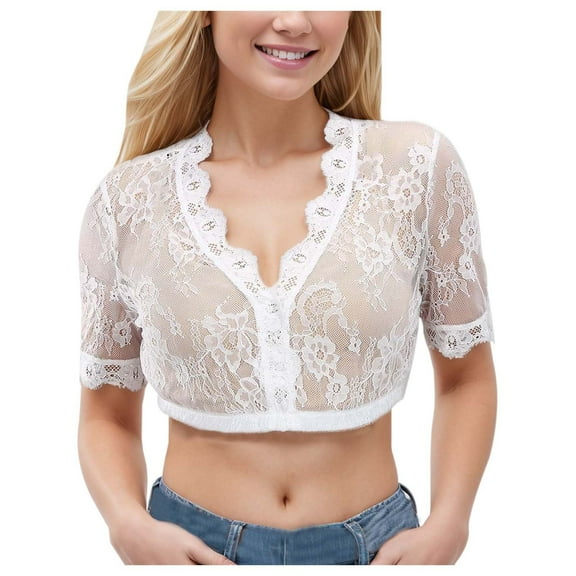 Bavarian Oktoberfest Dirndl Blouse Traditional White Crop Top Stretch Lace Sleeve German Festival Apparel Plus Size Tops Women's Style Blouse