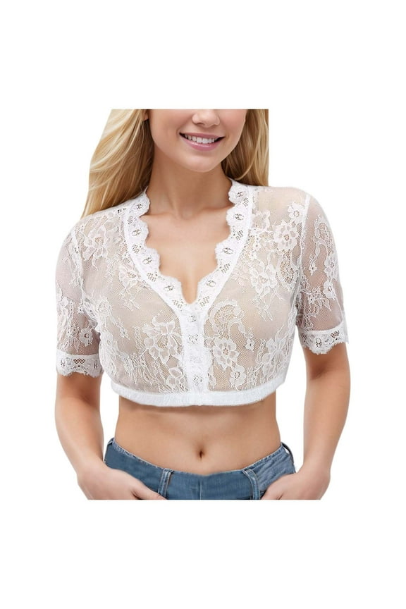 Bavarian Oktoberfest Dirndl Blouse Traditional White Crop Top Stretch Lace Sleeve German Festival Apparel Plus Size Tops Women's Style Blouse