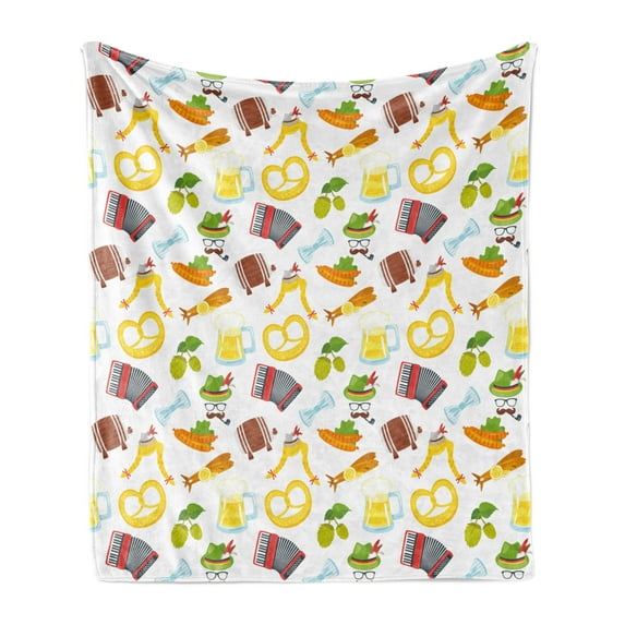 Bavarian Soft Flannel Fleece Throw Blanket, Cartoon Arrangement Traditional Motifs Pretzel Beer and Sausage Retro Classic, Cozy Plush for Indoor and Outdoor Use, 50" x 60", Multicolor, by Ambesonne