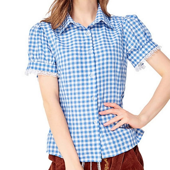Bavarian Style Women's Oktoberfest Plaid Shirt Traditional German Checkered Blouse For Festivals Womens Half Sleeve Tops Button up Blouses for Women Tall Women T Shirts Graphic T Shirts for Women