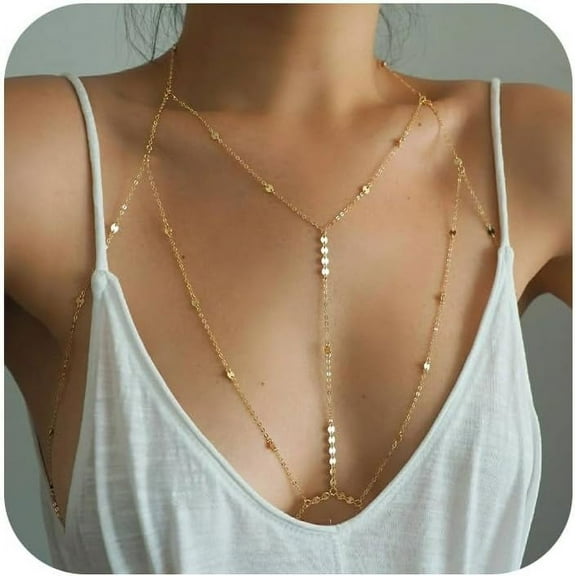 Bavsenic 14K Gold Body Chains for Women, Sexy Layered Belly Waist Chain Crossover Bikini Bra Chain, Summer Beach Rhinestone Body Jewelry