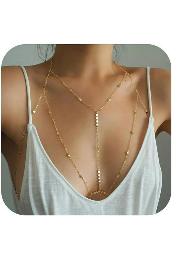 14K Gold Body Chains for Women, Sexy Layered Belly Waist Chain Crossover Bikini Bra Chain, Summer Beach Rhinestone Body Jewelry