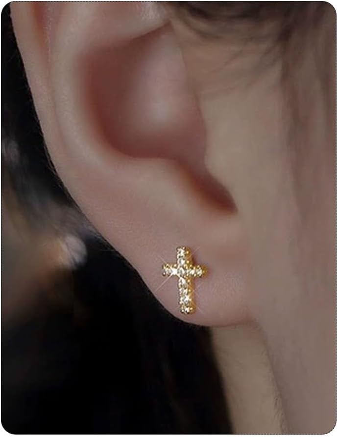 Bavsenic 14K Gold Plated Hypoallergenic Small Cross Stud Earrings Pave CZ Tiny For Women
