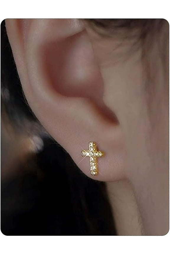 14K Gold Plated Hypoallergenic Small Cross Stud Earrings Pave CZ Tiny For Women