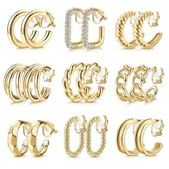 Bavsenic Gold Clip on Earrings 14K Gold Plated Chunky Hoop Clip Hoop Earrings for Women Non-Pierced