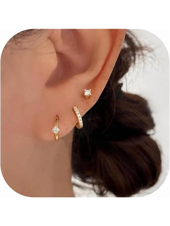 Small Gold Hoop Earrings for Women, 14k Gold Plated Dainty Hypoallergenic Multiple Stud Earrings Set, Trendy Cartilage Earring Gold Jewelry Gift