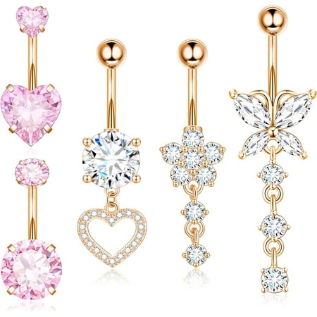 Bavsenic Surgical Stainless Steel Dangle Belly Button Rings for Women with Heart Butterfly Rose Gold