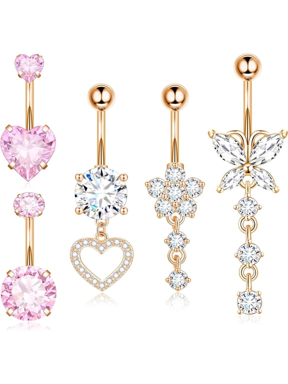 Surgical Stainless Steel Dangle Belly Button Rings for Women with Heart Butterfly Rose Gold
