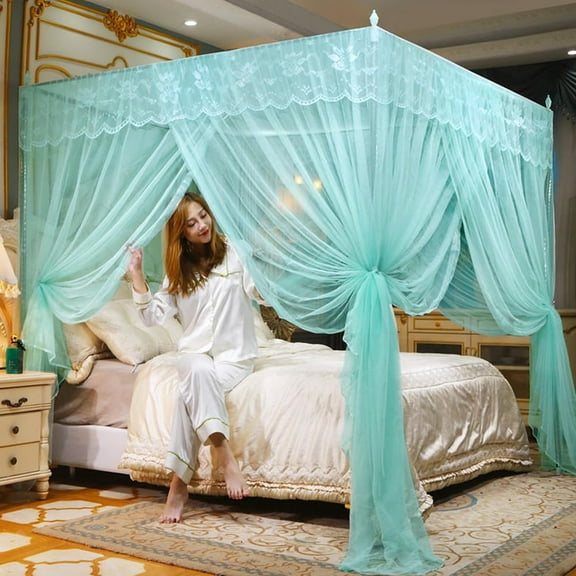 Baweave 4 Corners Post Ruffle Canopy Bed Curtains for Girls Kids Adults - Cute Cozy Drape Square Netting - 3 Opening Mesh Net Canopy - Princess Bedroom Decoration