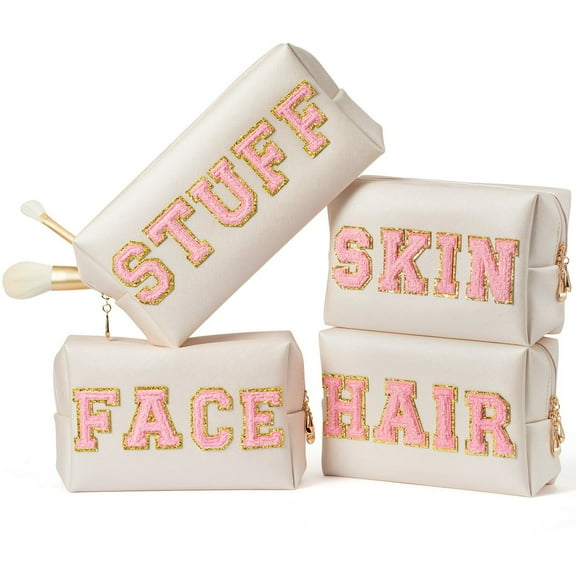 Baweave  4Pcs Preppy Patch Varsity Letter Makeup Bag Sewn with Pink Skin Hair Face Stuff Chenille Letter Cosmetic Toiletry Bag PU Leather Waterproof Portable Zipper Purse Travel Organizer