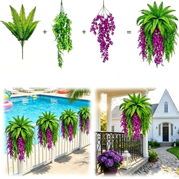 Bawilom 4-Piece Set Of Artificial Hanging Plants Including Persian Grass Eucalyptused And Ferns Suitable For Gardens Poolsides Areas And Indoor Or Outdoor Decoration
