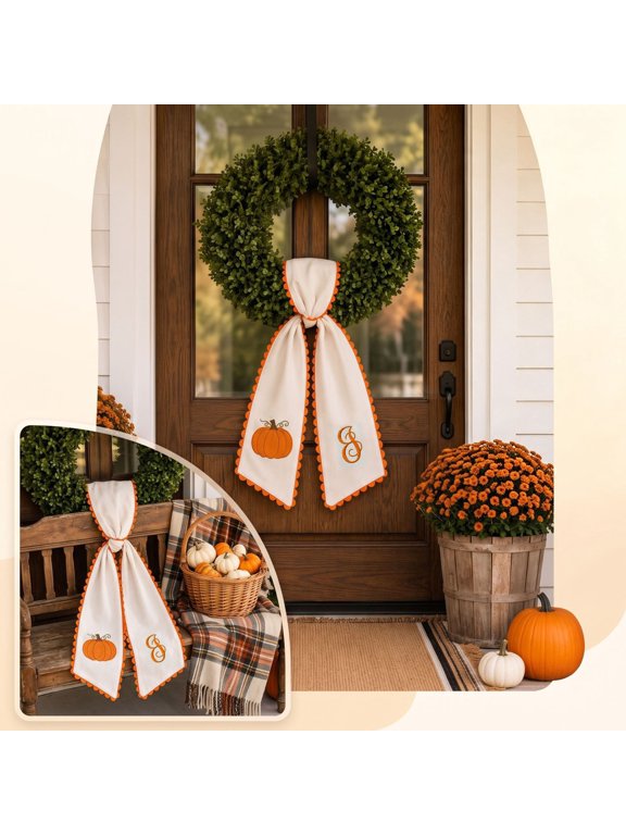 Fall Wreath Sash Pumpkin Embroidered Wreath Sash With Orange Scalloped Thanksgiving Front Door Wreath Decor Season Wreath Bow Sash