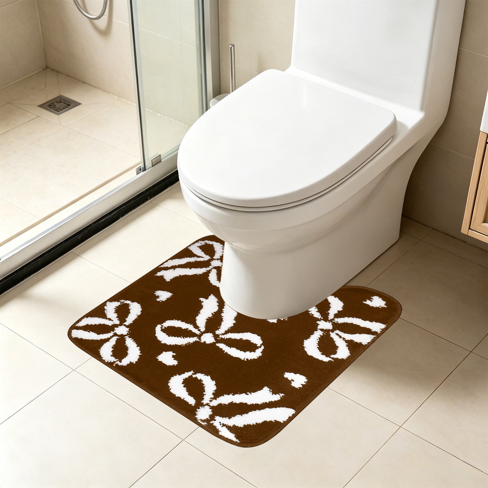 Bawilom Flocked Bow U-Shaped Toilet Rug Set Soft Absorbent Quickly Dry ...