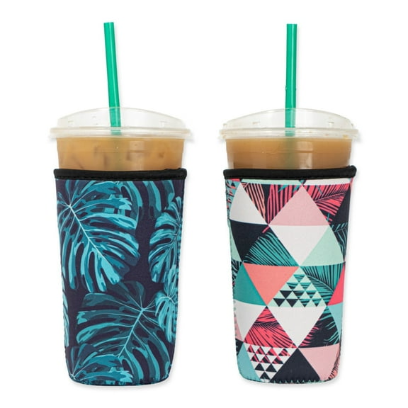 Baxendale and Co 2-Pack Large (32oz) Reusable Neoprene Insulator Sleeve for Iced Coffee or Cold Beverage Cups (Triangles and Monstera)