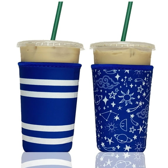 Baxendale and Co 2-Pack Medium (22-24oz) Reusable Neoprene Insulator Sleeve for Iced Coffee or Cold Beverage Cups (Blue Wanderlust)