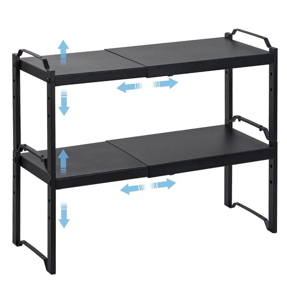 Baxikayon 2-Pack Expandable Cabinet Organizer Shelves, Stackable Shelf for Kitchen Countertop & Pantry Storage, Length 20.5", Black