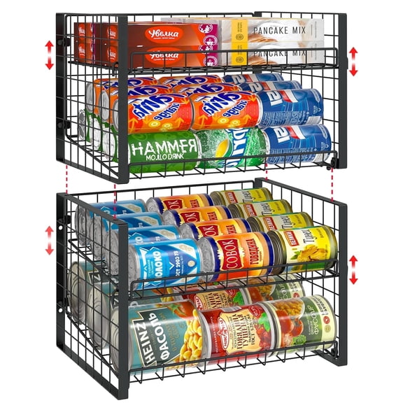 Baxikayon 2-Pack Stackable Can Organizer, 2-Tier Adjustable Can Dispenser & Storage Holder for Kitchen Pantry & Cabinet, Holds 60 Cans, Black
