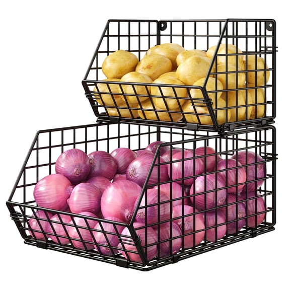 Baxikayon 2-Tier Stackable Wire Basket Organizer with Ventilated Mesh, Wall-Mounted Pantry Storage for Fruit, Vegetables, Snacks, Black